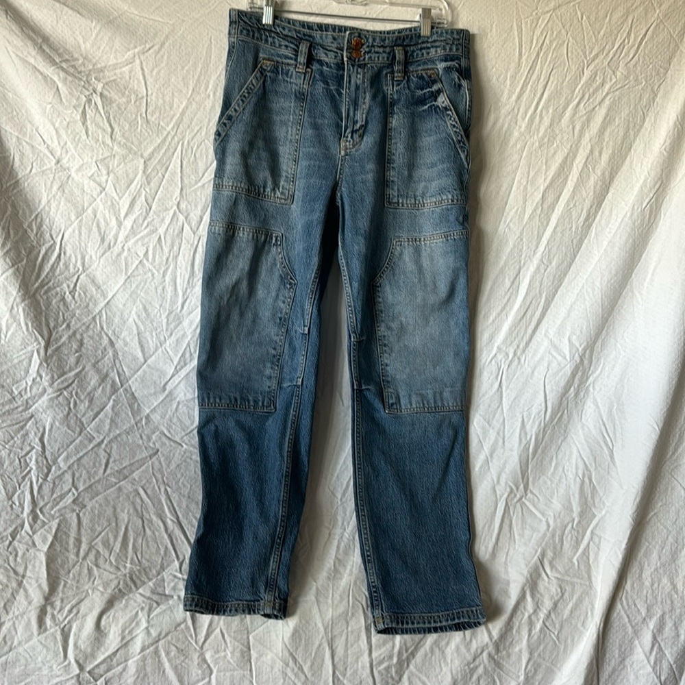 Pilcro high waisted utility jean, baggy straight fit, med distressed finish